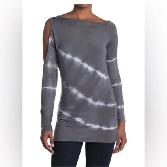 Go Couture • Grey White Tie Dyed Cold Shoulder Long Sleeve Top - Picture 2 of 7